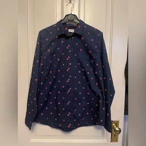 Jcrew Women’s Navy Blue Shirt with Red Apple Pattern